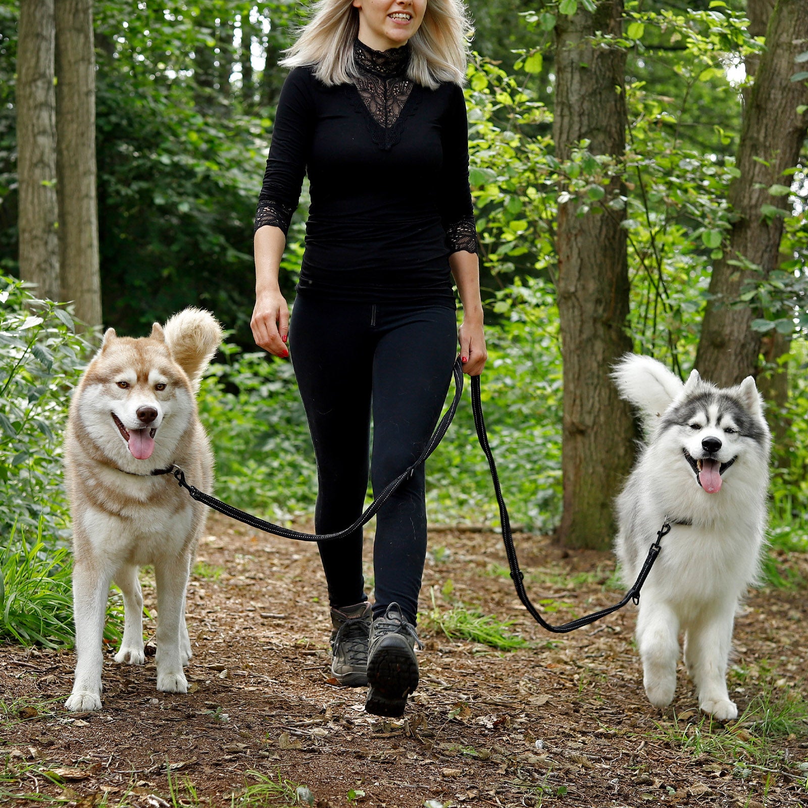 Frau geht mit zwei Huskys, befestigt an der reflektierenden Doppelleine, im Wald spazieren