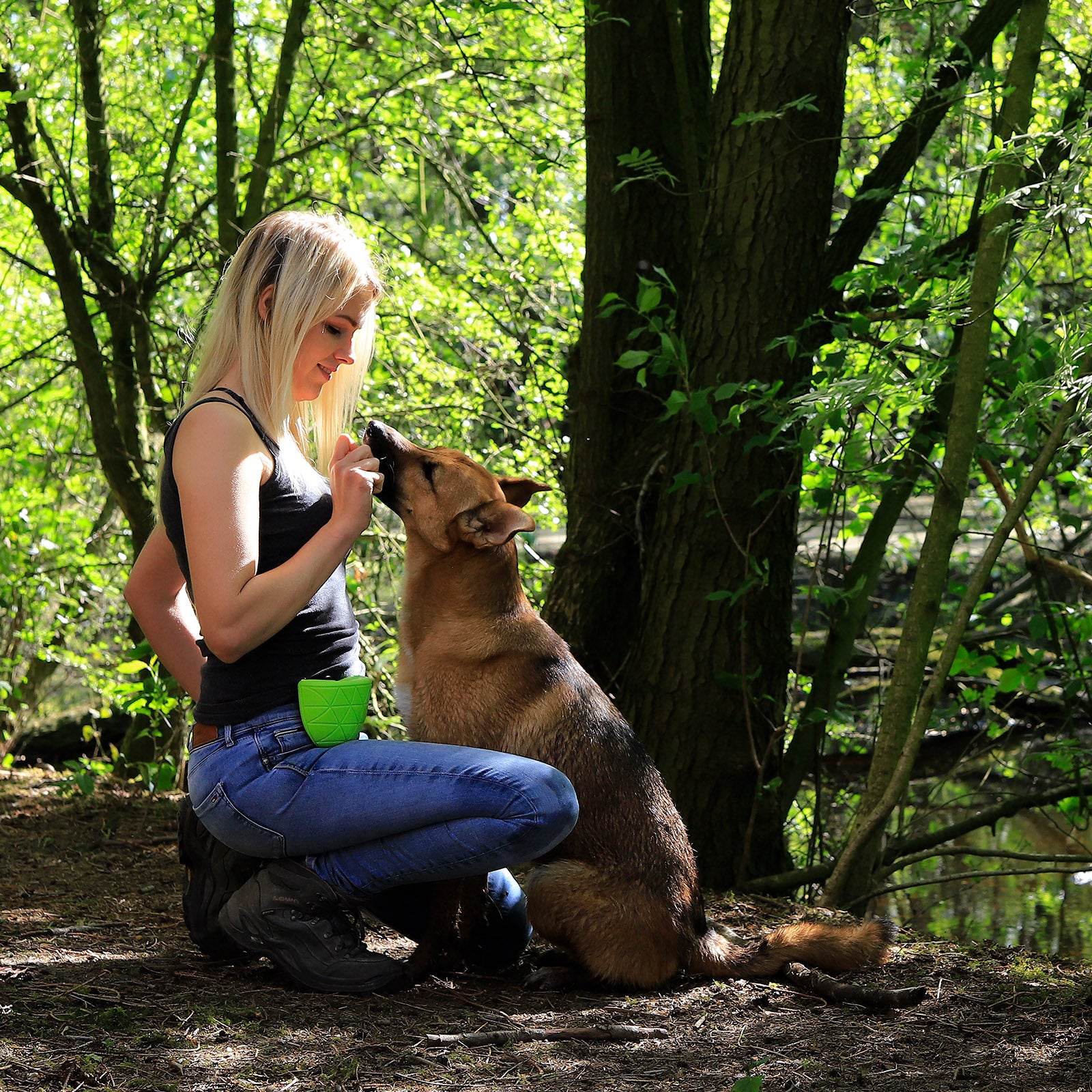Frau hockt im Wald vor Hund mit Futterbeutel an der Hüfte befestigt zum Leckerchen geben