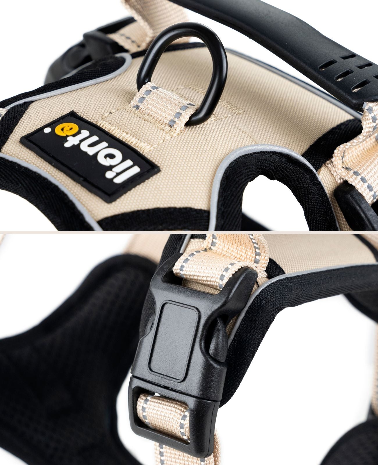 Sicherheitsverschluss, Reflektoren und Metallring zur Befestigung der Leine am Geschirr