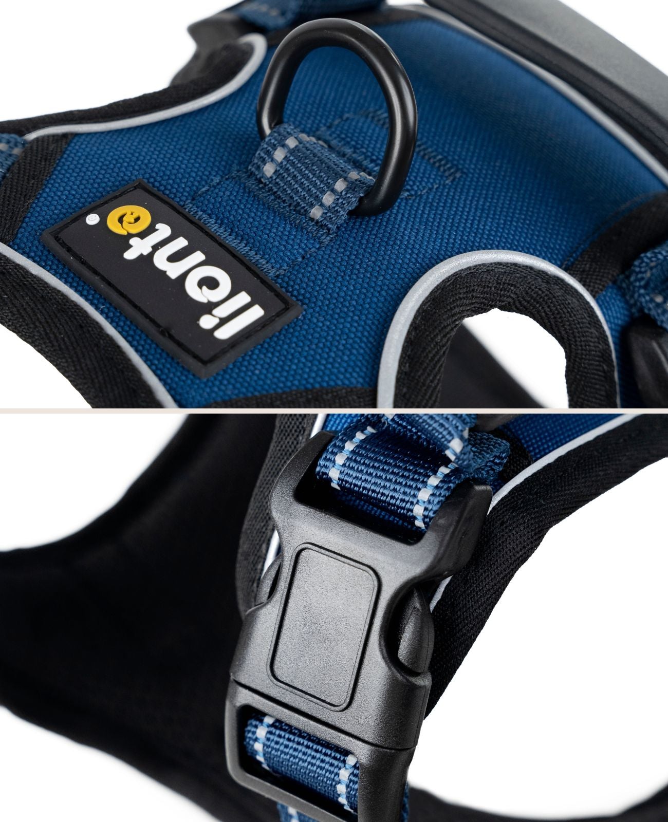 Sicherheitsverschluss, Reflektoren und Metallring zur Befestigung der Leine am Geschirr