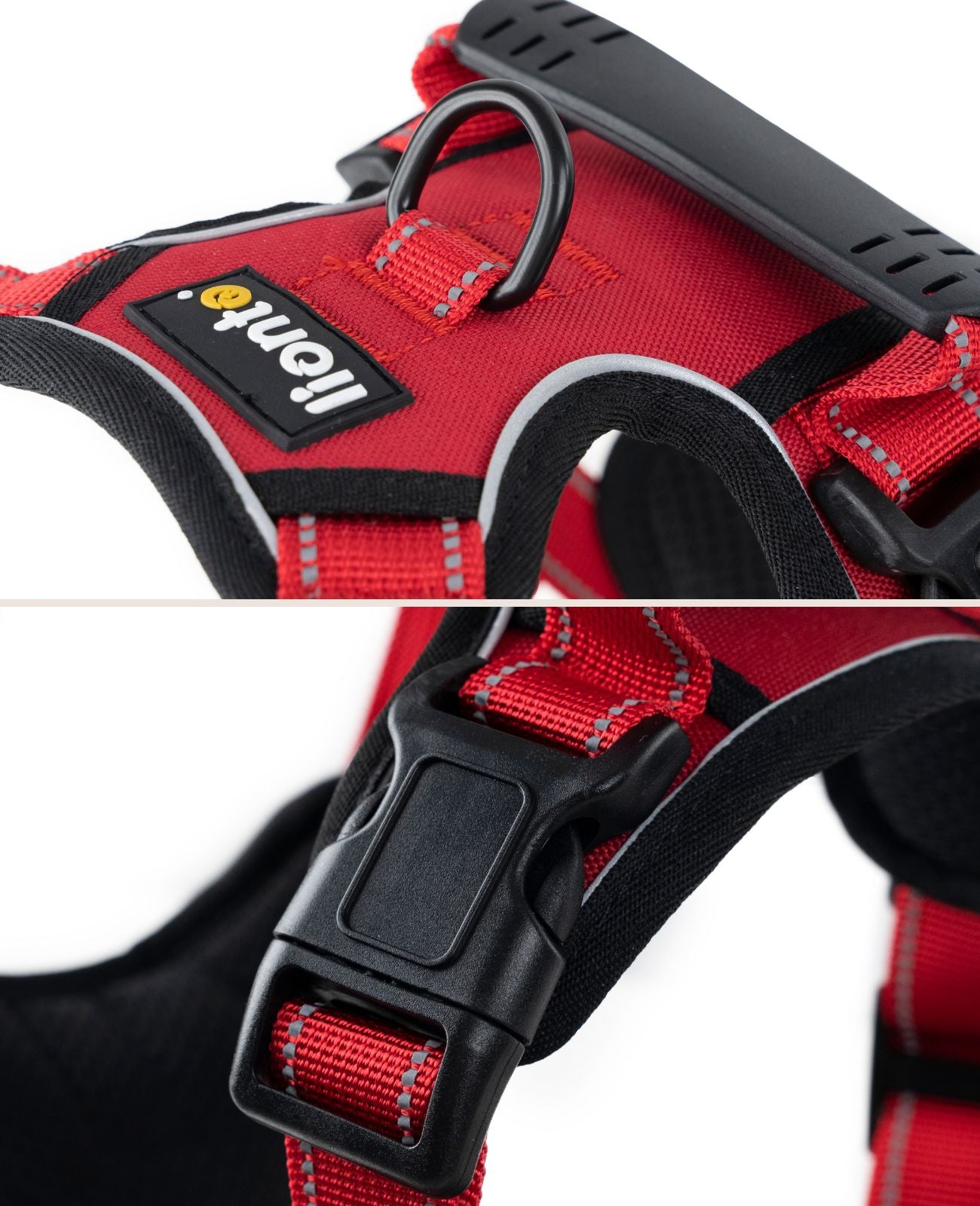 Sicherheitsverschluss, Reflektoren und Metallring zur Befestigung der Leine am Geschirr