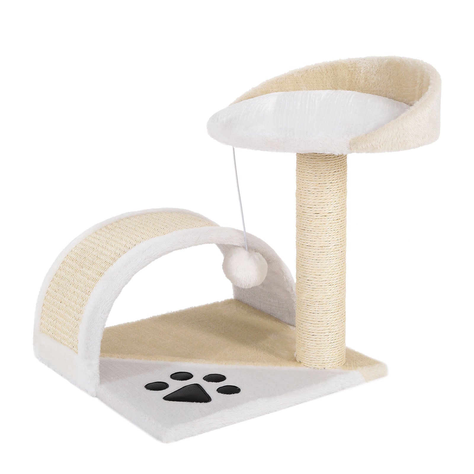 Katzenkratzbaum in beige/weiß, mit Plattform, Spielball und Kratz-Bogen