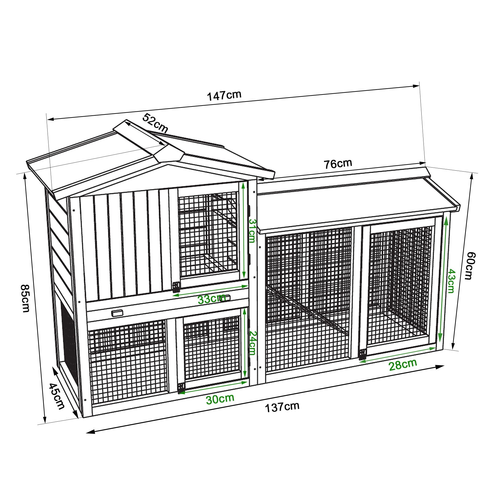 detaillierte Ansicht aller Maße anhand des Kaninchenstalls